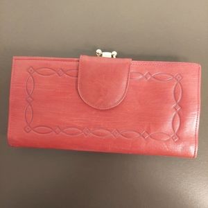 Vintage Red Leather Buxton Checkbook Wallet w/ Double Kisslock Coin Purse - GUC